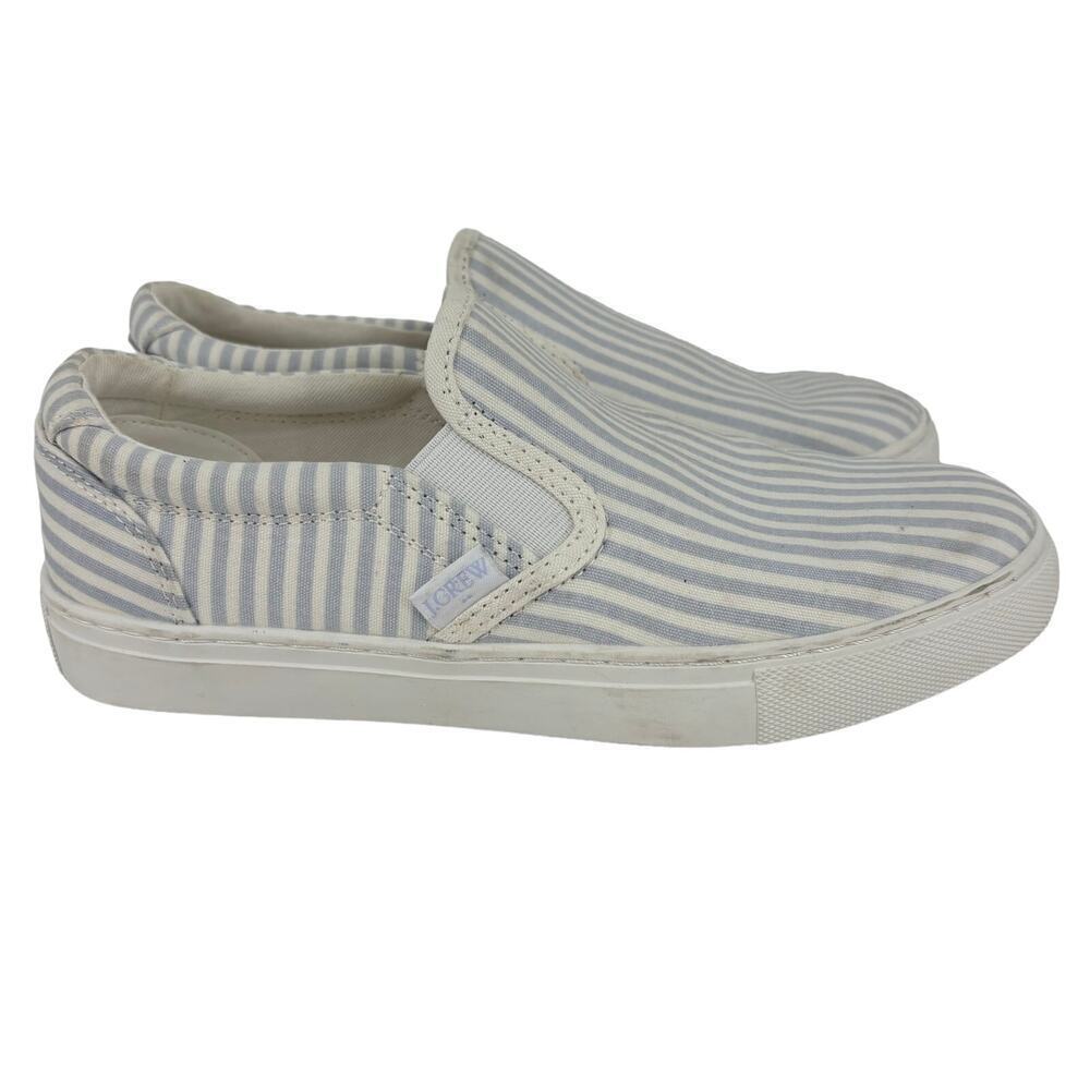 J Crew Sneakers Womens Size 6.5 Road‎ Trip Blue Striped Canvas Slip On Loafer